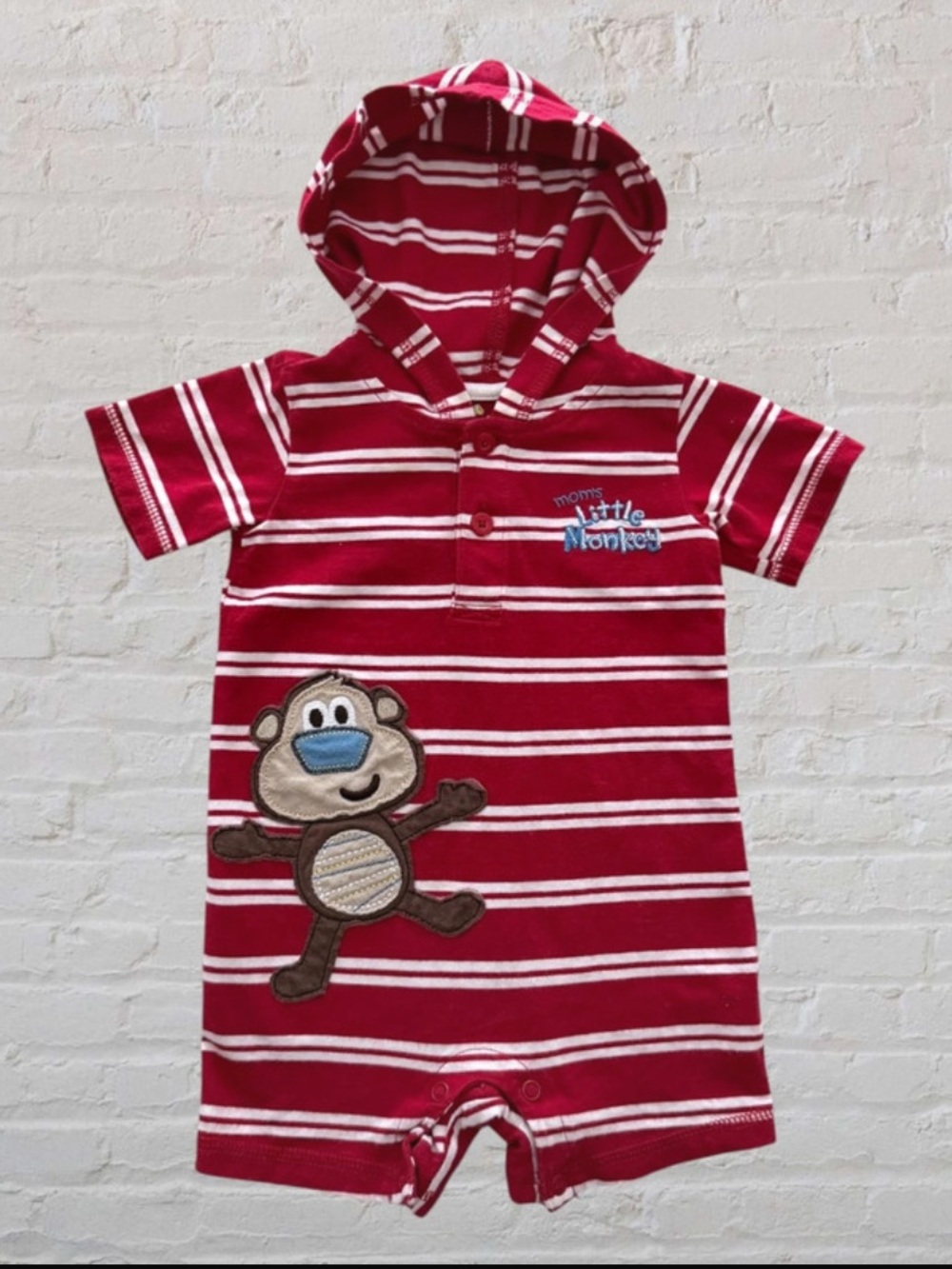 Jumping Beans Boy’s Hooded 100% Cotton Striped Romper in Red/White, 9 Months